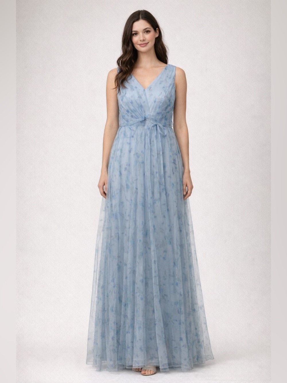 EUC SHEIN Sleeveless Light Blue V-Neck Floral Tulle Maxi Dress